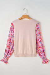 Oatmeal Floral Printed Patchwork Smocked Lantern Sleeve Knit Top Sweaters JT's Designer Fashion