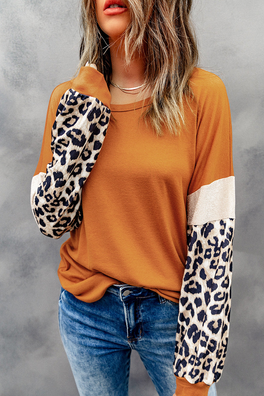 Brown Leopard Sequin Patchwork Long Sleeve Top Long Sleeve Tops JT's Designer Fashion
