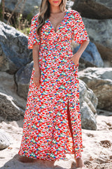 Red Floral Half Sleeve Deep V Neck Cutout Back Split Maxi Dress Floral Dresses JT's Designer Fashion