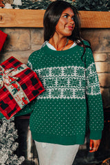 Green Christmas Snowflake Dotted Print Round Neck Sweater Sweaters JT's Designer Fashion