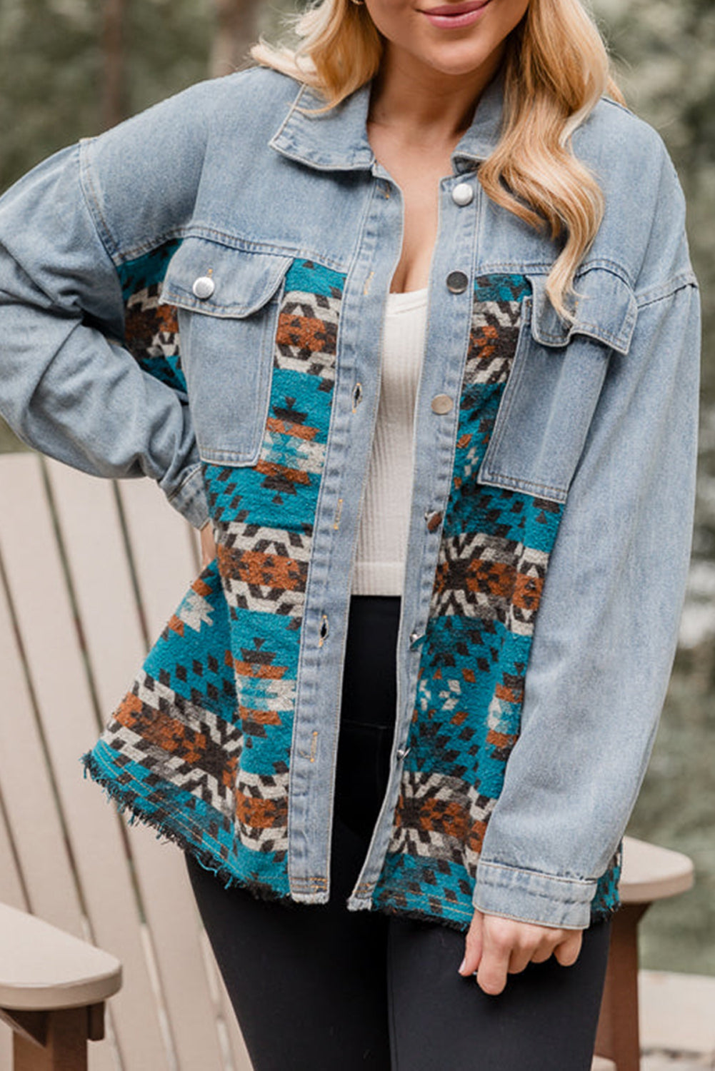 Blue Aztec Printed Denim Jacket Denim Jackets JT's Designer Fashion