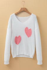 White Pearl Beaded Heart Pattern Fuzzy V Neck Sweater Sweaters JT's Designer Fashion