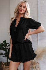 Black Half Zip Puff Sleeve Top and Ruffled Shorts Set Short Sets JT's Designer Fashion