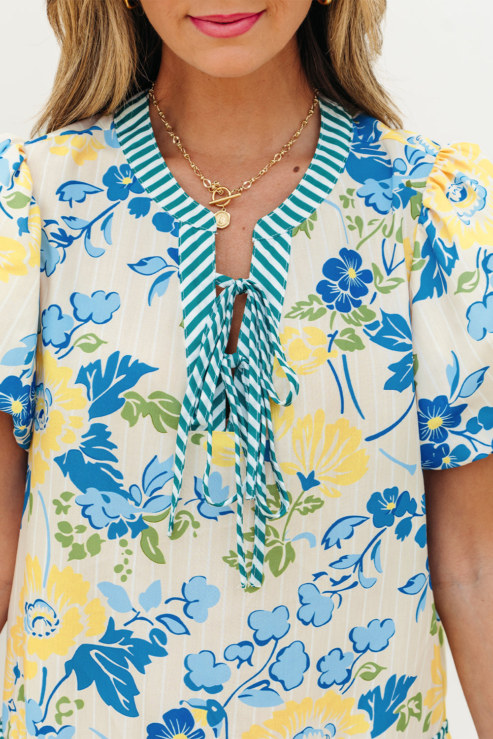 Blue Floral Striped Trim Puff Short Sleeve Dress Floral Dresses JT's Designer Fashion