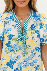 Blue Floral Striped Trim Puff Short Sleeve Dress Floral Dresses JT's Designer Fashion