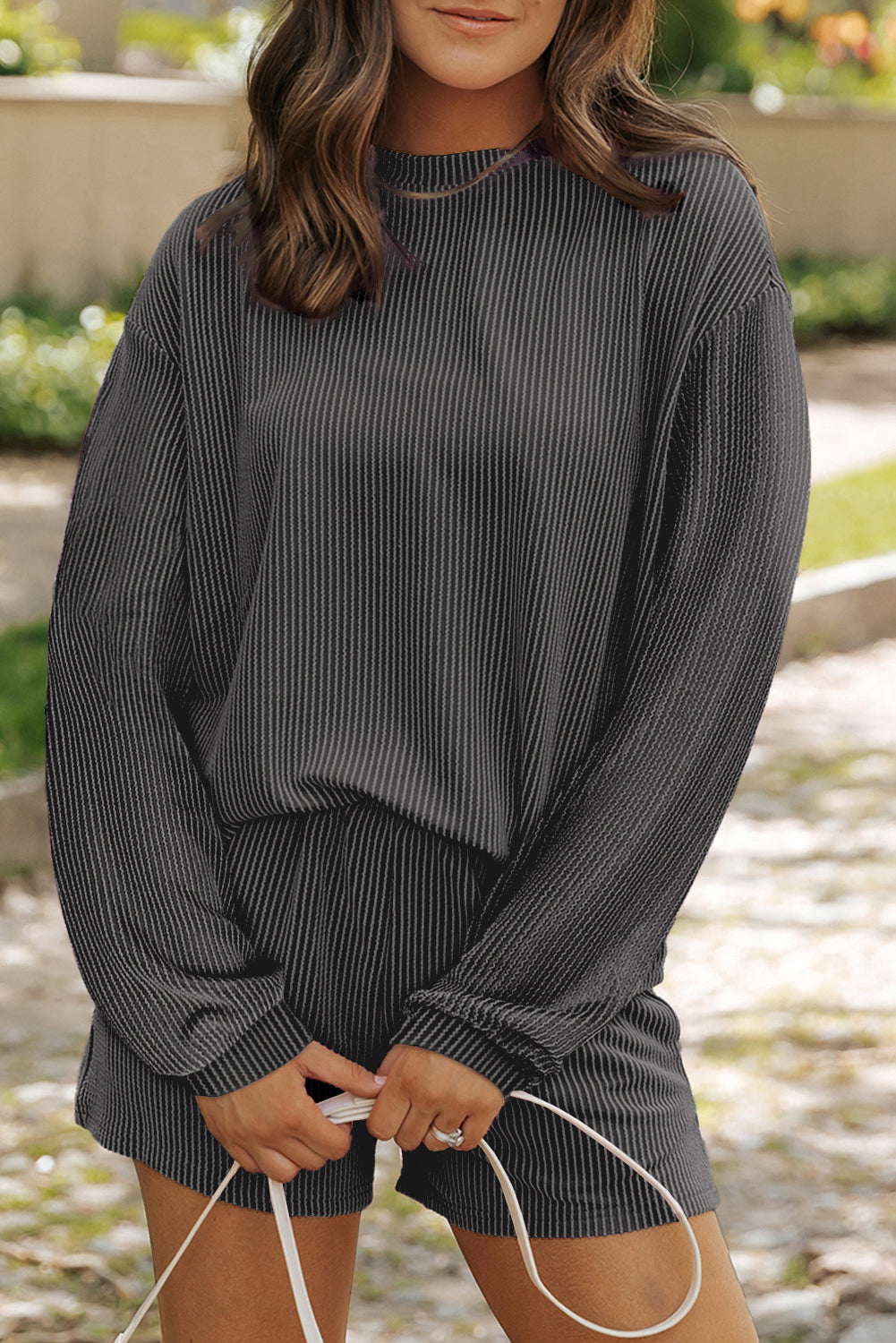 Carbon Grey Corded Knit Long Sleeve Top and High Waist Shorts Set Carbon Grey 75%Polyester+20%Viscose+5%Elastane Short Sets JT's Designer Fashion