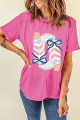 Sachet Pink Flag Pattern Boots Bow Accent Casual Graphic Tee Graphic Tees JT's Designer Fashion