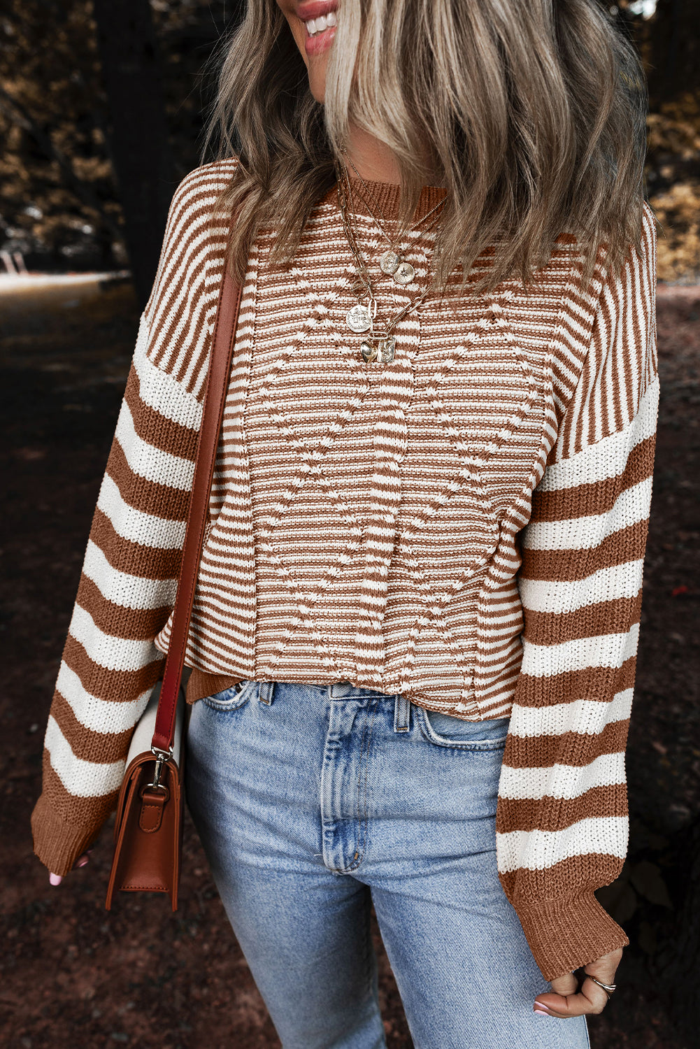 Brown Stripe Geometric Textured Drop Shoulder Sweater Brown Stripe 60%Cotton+40%Acrylic Sweaters JT's Designer Fashion