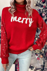 Racing Red Merry Graphic Sequin Sleeves Christmas Turtleneck Sweater Sweaters JT's Designer Fashion