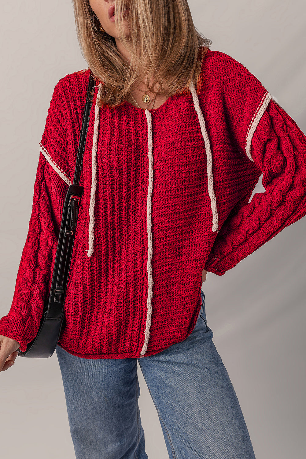 Racing Red Color Contrast Trim Textured Knit Drawstring Hooded Sweater Sweaters JT's Designer Fashion