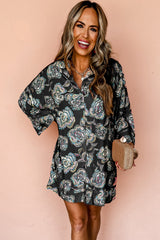 Black Floral Print Lapel Collar Loose Shirt Mini Dress Floral Dresses JT's Designer Fashion