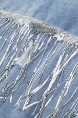 Sky Blue Sequin Embellished Fringe Distressed Denim Jacket Denim Jackets JT's Designer Fashion