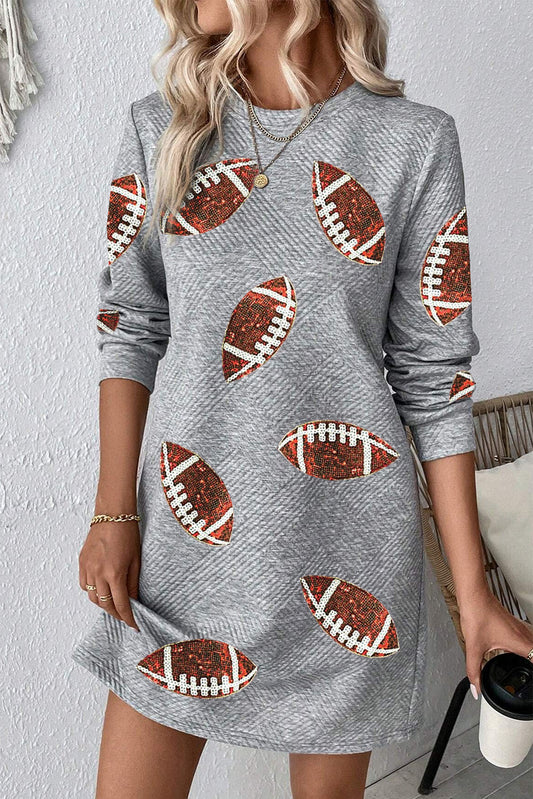 Gray Sequin Rugby Football Graphic Textured Long Sleeve Shift Mini Dress Graphic Dresses JT's Designer Fashion