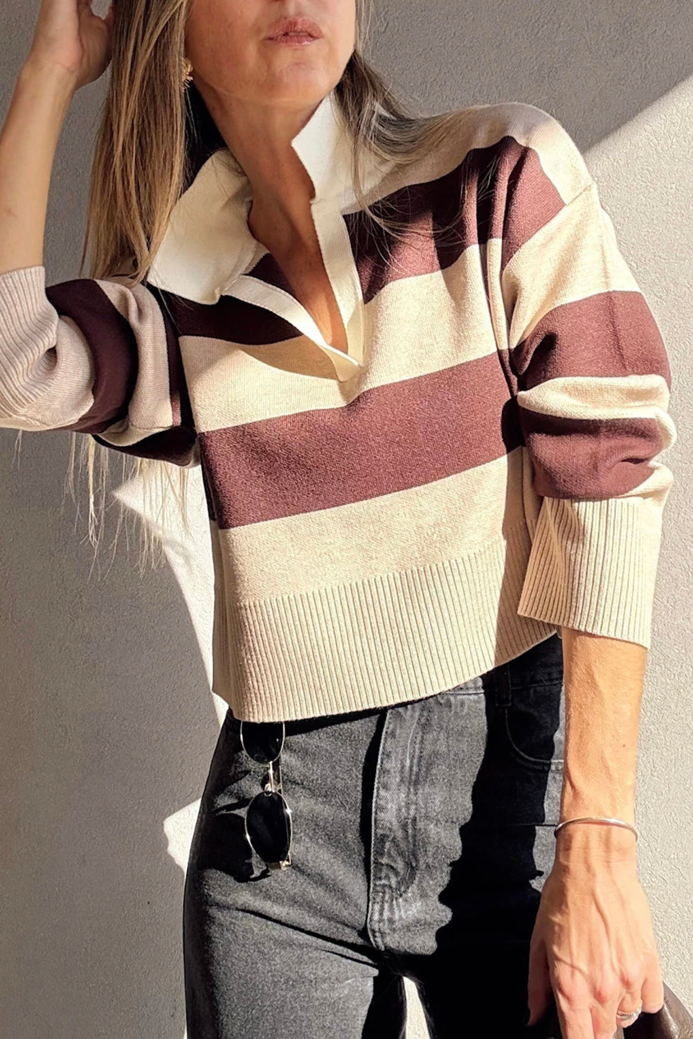 Brown Ribbed Trim Color Block Knitted Polo Collar Sweater Brown 52%Viscose+26%Polyester+22%Polyamide Sweaters JT's Designer Fashion