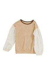 Smoke Gray Textured Patchwork Crew Neck Puff Sleeves Top Long Sleeve Tops JT's Designer Fashion
