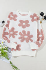 White Textured Flower Drop Shoulder Loose Sweater Sweaters JT's Designer Fashion