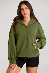 Moss Green Solid Kangaroo Pocket Half Zipper Oversized Hoodie Sweatshirts & Hoodies JT's Designer Fashion