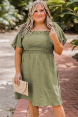 Grass Green Frilly Square Neck Flutter Sleeve Smocked High Waist Plus Size Dress Plus Size Mini Dresses JT's Designer Fashion