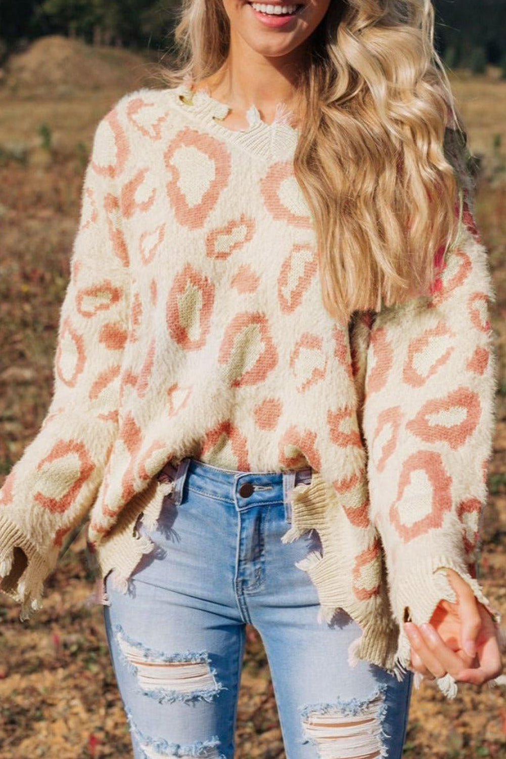 Leopard Animal Print Distressed Trim Fuzzy Sweater Sweaters & Cardigans JT's Designer Fashion