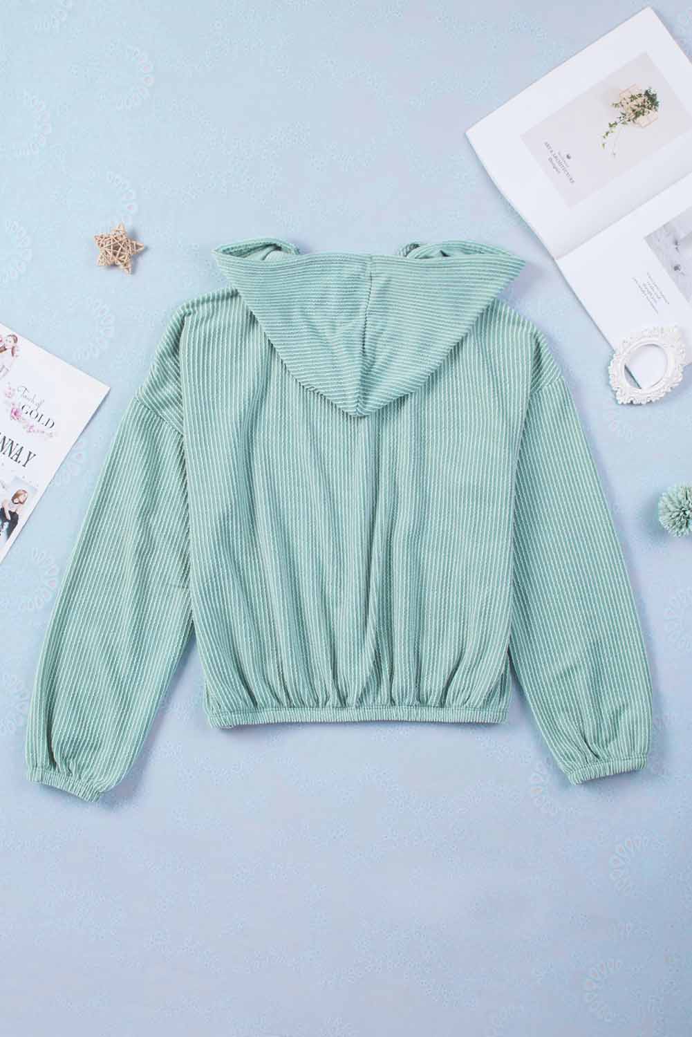 Green Loose Fit Ribbed V Neck Hoodie Sweatshirts & Hoodies JT's Designer Fashion
