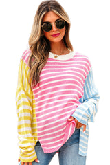 Multicolour Color Block Striped Patchwork Dolman Sleeve Slit Sweater Sweaters JT's Designer Fashion