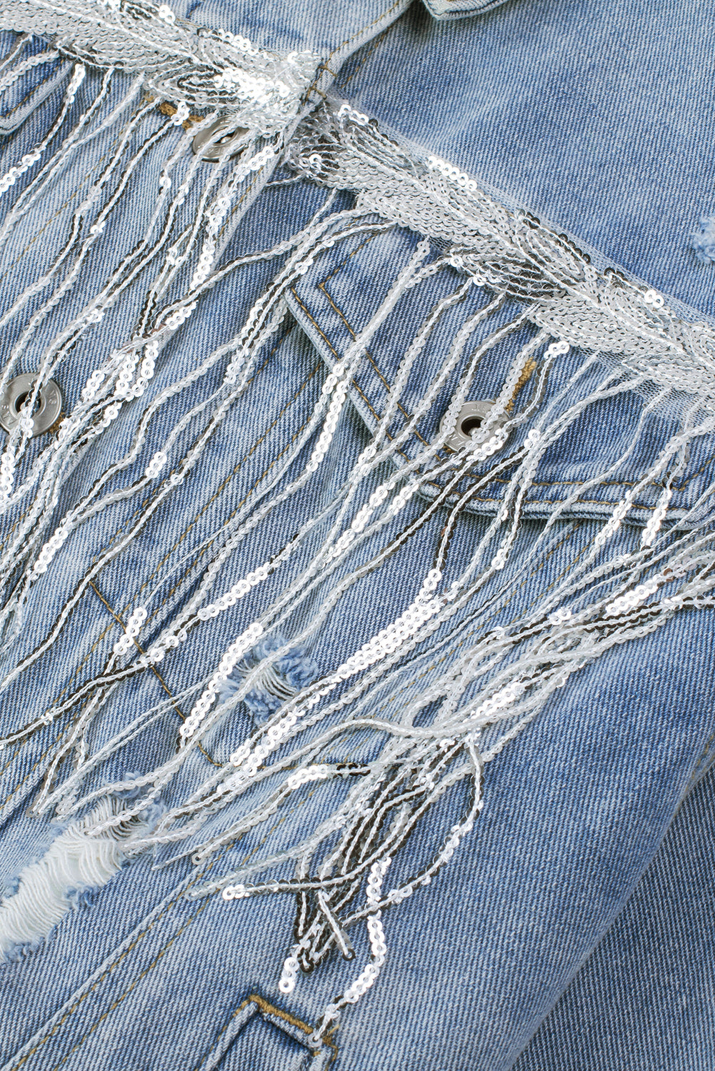 Sky Blue Sequin Embellished Fringe Distressed Denim Jacket Denim Jackets JT's Designer Fashion