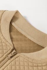Pale Khaki Solid Geometric Textured Baseball Collar Jacket Jackets JT's Designer Fashion
