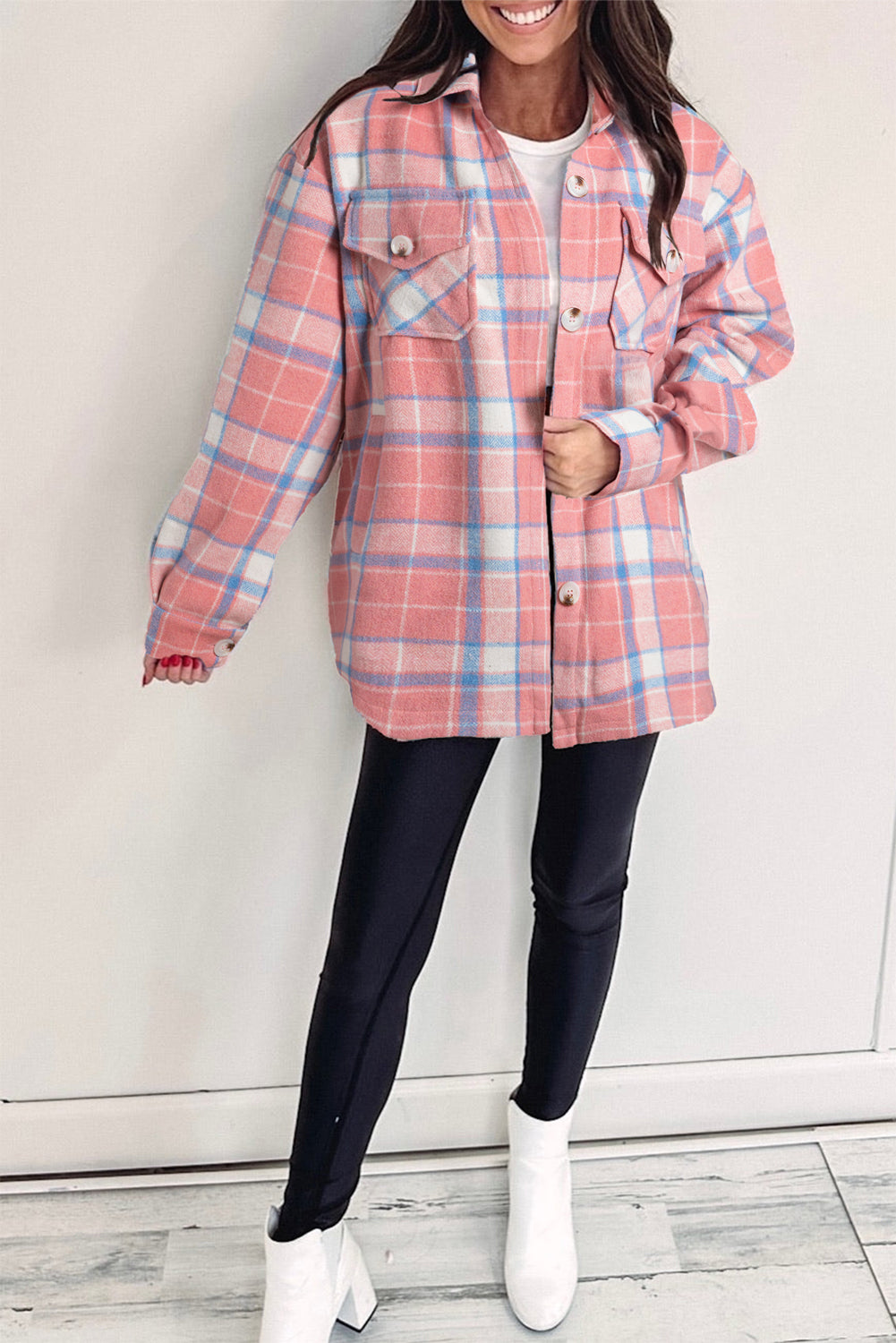 Pink Plaid Flap Pocket Button Up Shacket Plaid Shackets JT's Designer Fashion