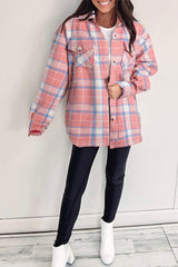 Pink Plaid Flap Pocket Button Up Shacket Plaid Shackets JT's Designer Fashion
