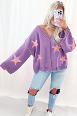 Lavendula Brushed Star Graphic V Neck Drop Shoulder Oversize Sweater Sweaters JT's Designer Fashion
