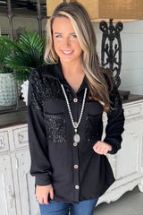 Black Sequin Patch Chest Pocket Corded Shacket Jackets JT's Designer Fashion