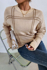 Khaki Plaid Pattern Knitted Drop Shoulder Sweater Sweaters JT's Designer Fashion