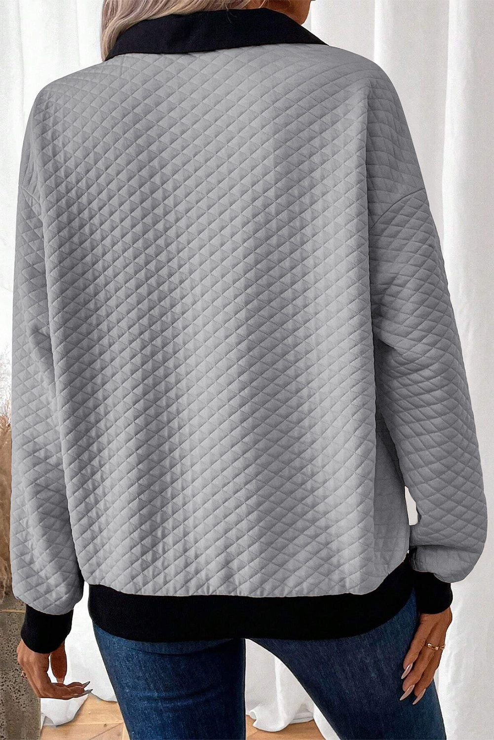 Light Grey Textured Colorblock Edge Buttoned Collar Sweatshirt Sweatshirts & Hoodies JT's Designer Fashion