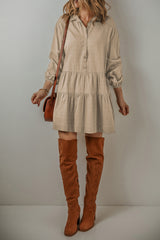 Tan Puff Sleeve Buttoned Tiered Pleated Shirt Mini Dress Mini Dresses JT's Designer Fashion