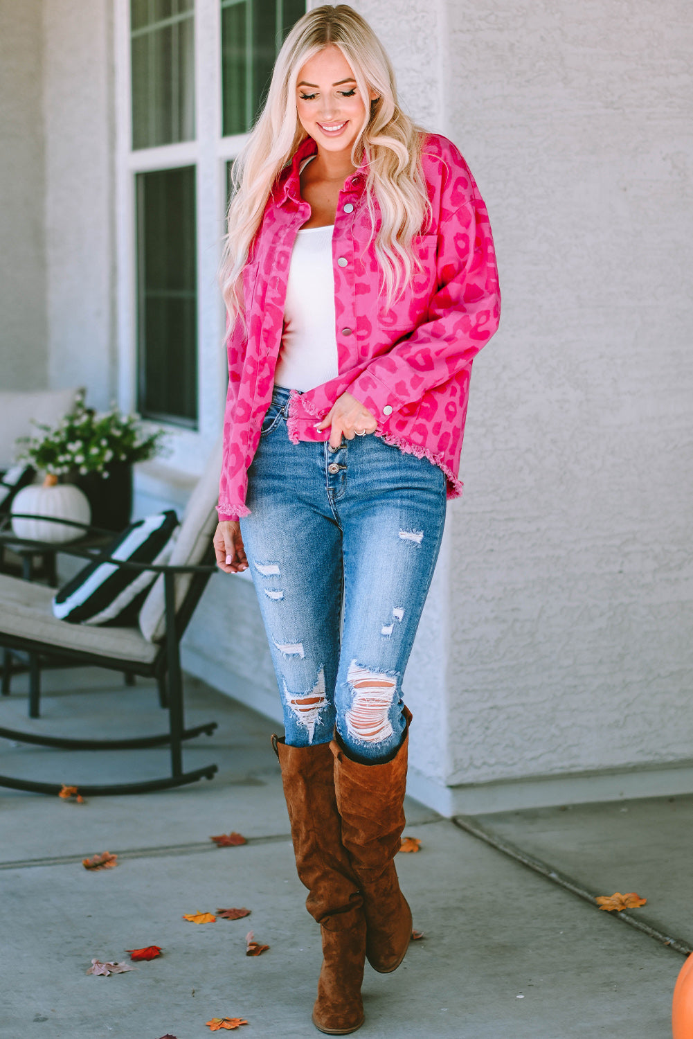 Pink Leopard Print Button Cuffs Raw Hem Jacket Denim Jackets JT's Designer Fashion