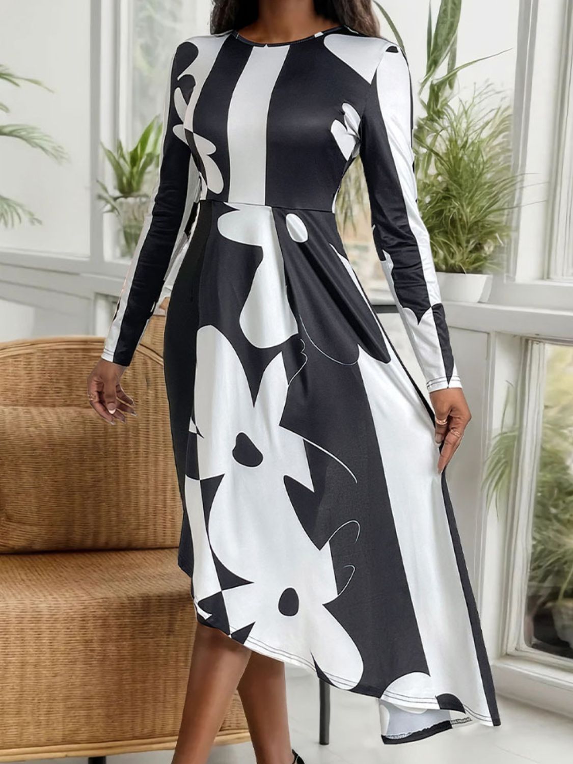 Asymmetrical Slit Round Neck Long Sleeve Midi Dress Midi Dresses JT's Designer Fashion