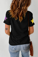Black Colorful Sequin Stars Patched Relaxed T Shirt Graphic Tees JT's Designer Fashion