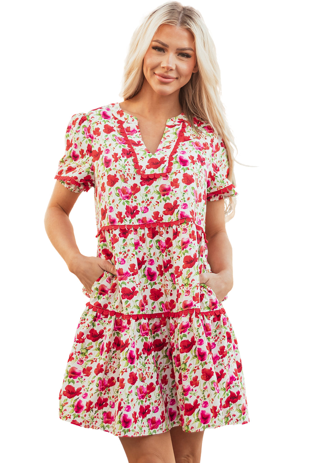 Red Floral Puff Sleeve Tiered Ric Rac Pocketed Mini Dress Floral Dresses JT's Designer Fashion