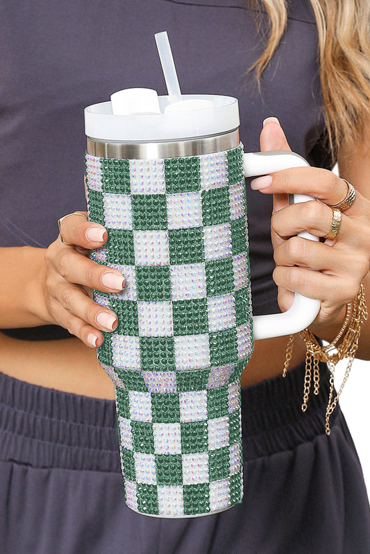 Blackish Green Full Rhinestone Checkerboard Handled Tumbler 40oz Tumblers JT's Designer Fashion