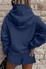 Navy Blue Button Drawstring Hooded Pullover and Casual Short Set Short Sets JT's Designer Fashion
