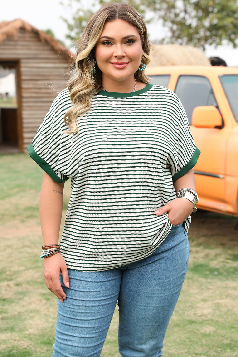 Green Stripe Trimmed Round Neck Plus Size Boxy Fit T-shirt Plus Size Tops & Tees JT's Designer Fashion