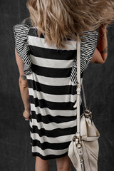 Black Stripe Contrast Ruffled Sleeve T-shirt Dress T Shirt Dresses JT's Designer Fashion