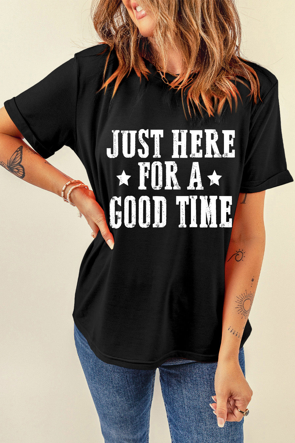 Black Just Here For A Good Time Graphic Round Neck T Shirt Graphic Tees JT's Designer Fashion