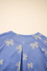 Sky Blue Bow Knot Print Crewneck Ruffled Sleeve Shift Mini Dress Dresses JT's Designer Fashion