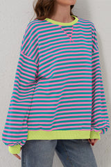 Green Stripe Oversized Contrast Trim Pullover Sweatshirt Sweatshirts & Hoodies JT's Designer Fashion