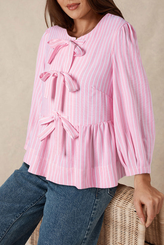 Pink Stripe Bowknot Front Crew Neck Puff Sleeve Blouse Pink Stripe 85%Polyester+15%Viscose Blouses & Shirts JT's Designer Fashion