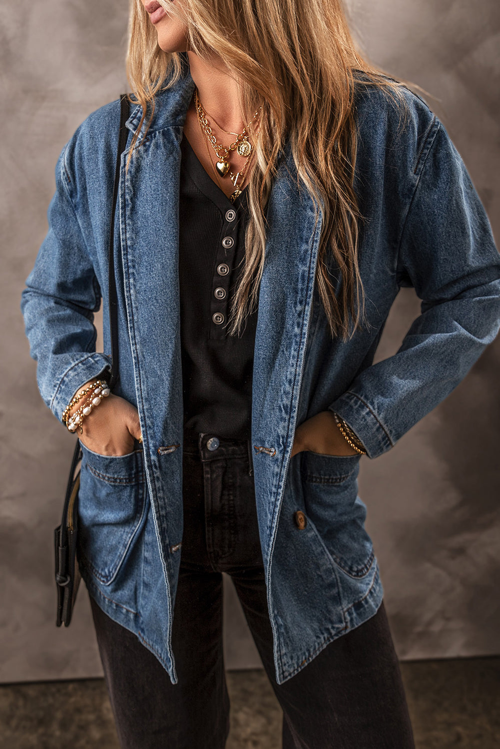 Sail Blue Side Pockets Lapel Collar Denim Jacket Sail Blue 75%Cotton+25%Polyester Denim Jackets JT's Designer Fashion