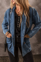Sail Blue Side Pockets Lapel Collar Denim Jacket Sail Blue 75%Cotton+25%Polyester Denim Jackets JT's Designer Fashion