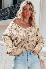 Apricot Crochet Knit Ribbed Hem Hollow-out Sweater Sweaters JT's Designer Fashion