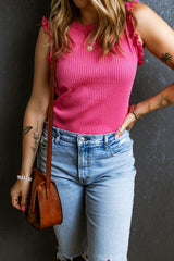 Bright Pink Frilly Trim Ribbed Knit Round Neck Tank Top Sweaters & Cardigans JT's Designer Fashion
